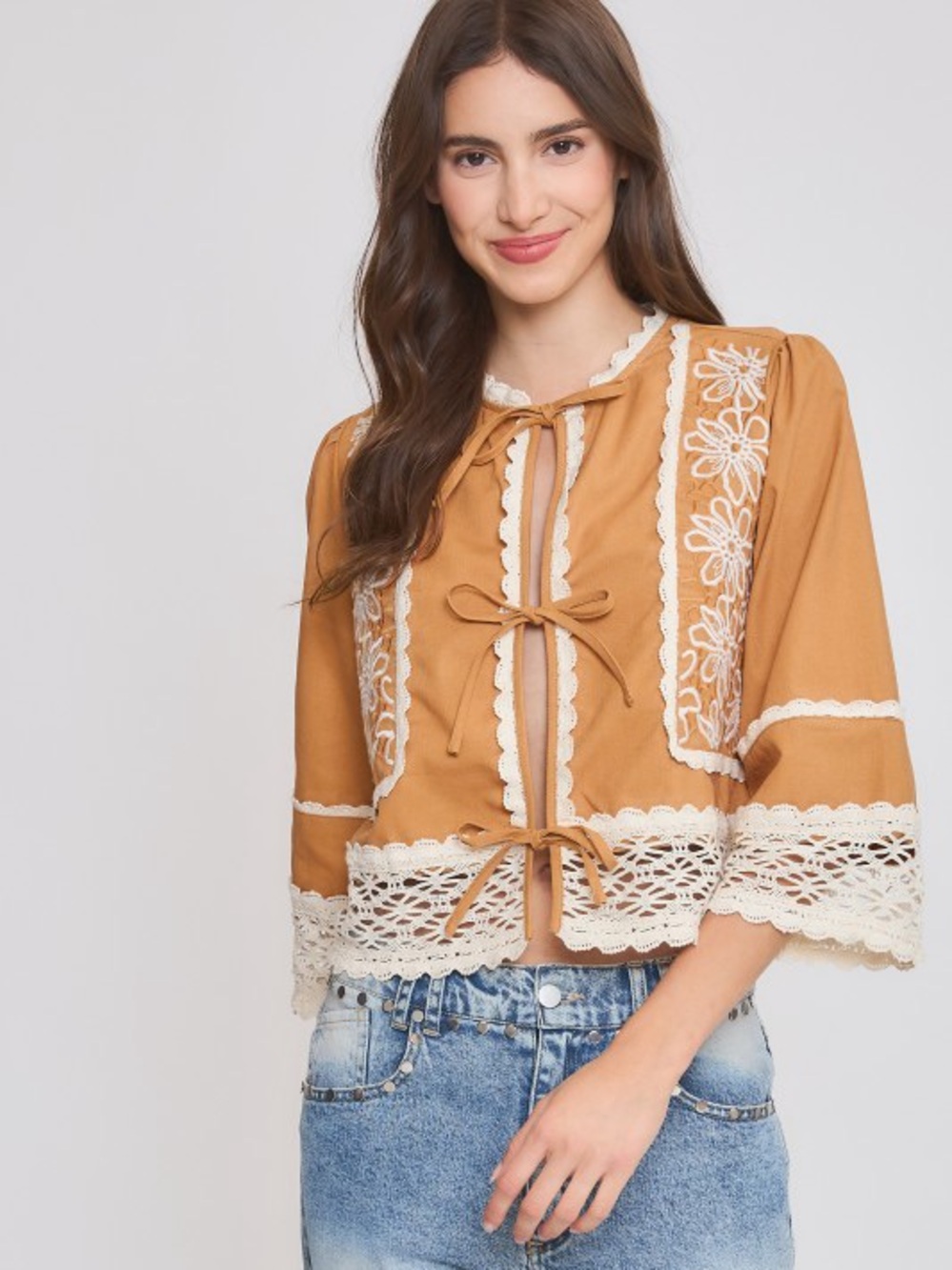 Camellia Crochet Trim Tie-Front Top in Camel
